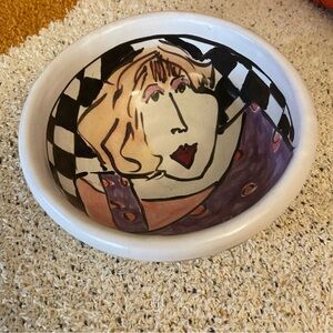 Merry Cox Terra Cotta Folk Art Painted Lady Small Bowl Signed Studio Pottery
